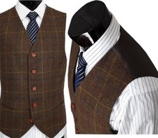 Men's Brown Plaid Tweed Vest Business Casual Waistcoat Chest 36-48