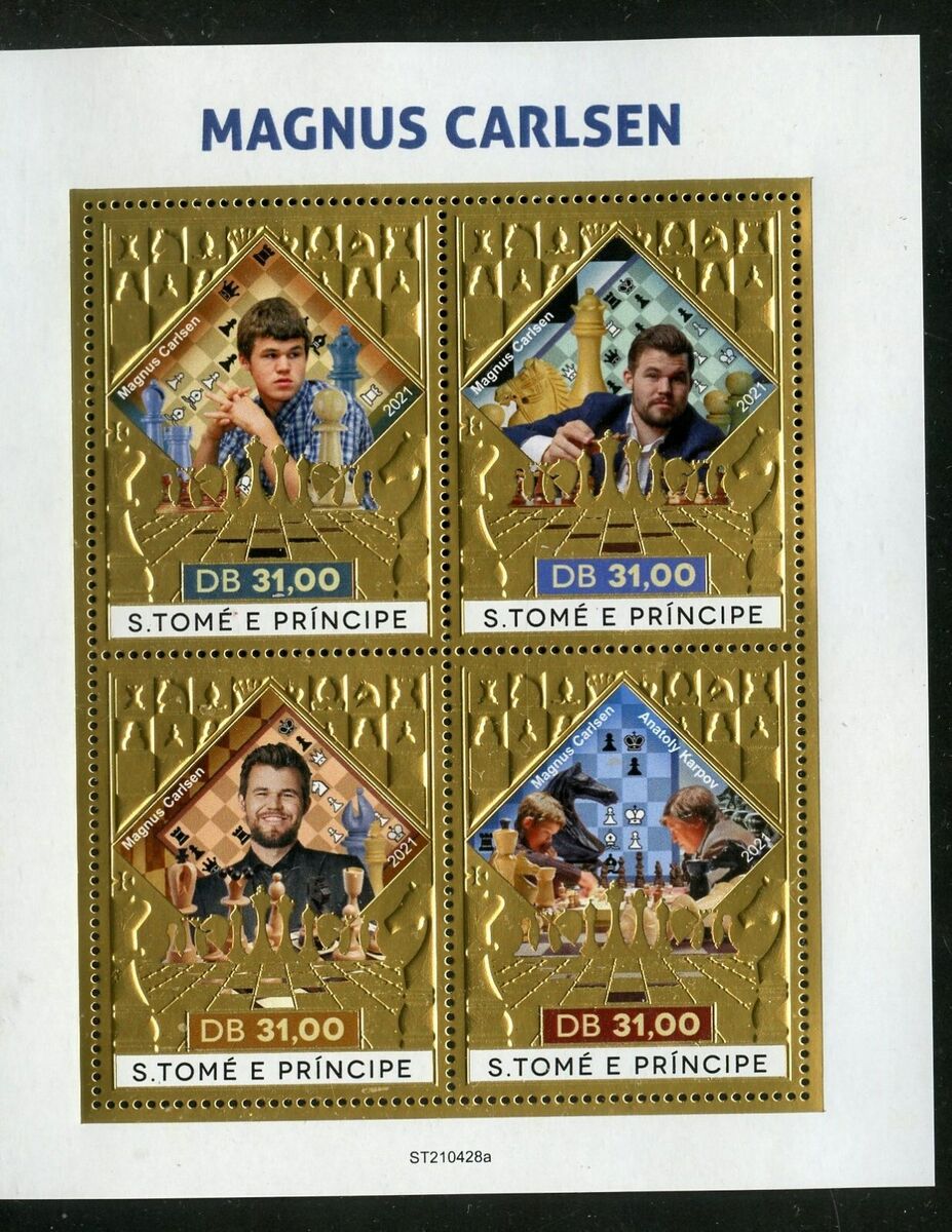 SAO TOME 2021 MAGNUS CARLSEN CHESS MASTER GOLD SOUVENIR SHEET MINT