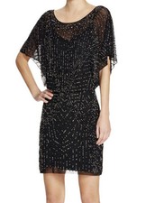 AQUA ~ Black Illusion Mesh Deco Beaded Draped Blouson Party Dress 0 NEW $308