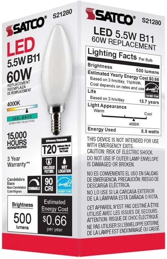 NEW 6 Pack - Satco S21280 - 5.5 Watt B11 LED E12 Frosted Bulbs -4000k Cool White - Image 2 of 4