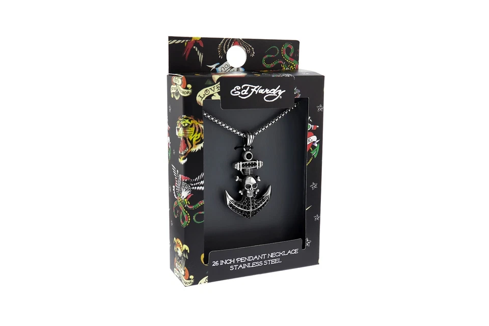 Collar colgante de ancla/cráneo de plata de acero inoxidable Ed Hardy para hombre, 26 pulgadas Foto 2 de 3