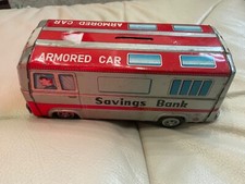 VINTAGE 1965 TIN LITHO FRICTION DRIVE ARMOURED CAR SAVING BANK BY HAYASHI JAPAN