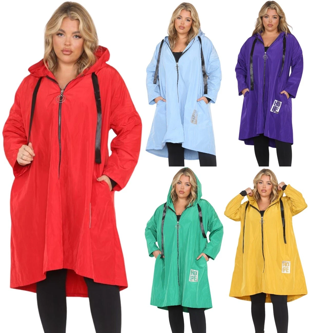 Women's A-Line Long Length Rain Coat Ladies Plus Size Jacket with Hood Rain Mac