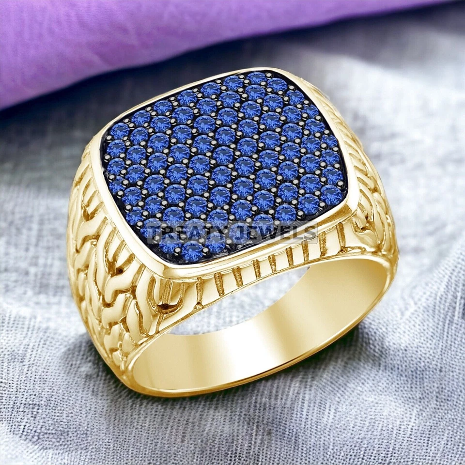 Zafiro azul corte redondo con anillo chapado en oro de plata de ley 925 para hombre #403 * Foto 3 de 4