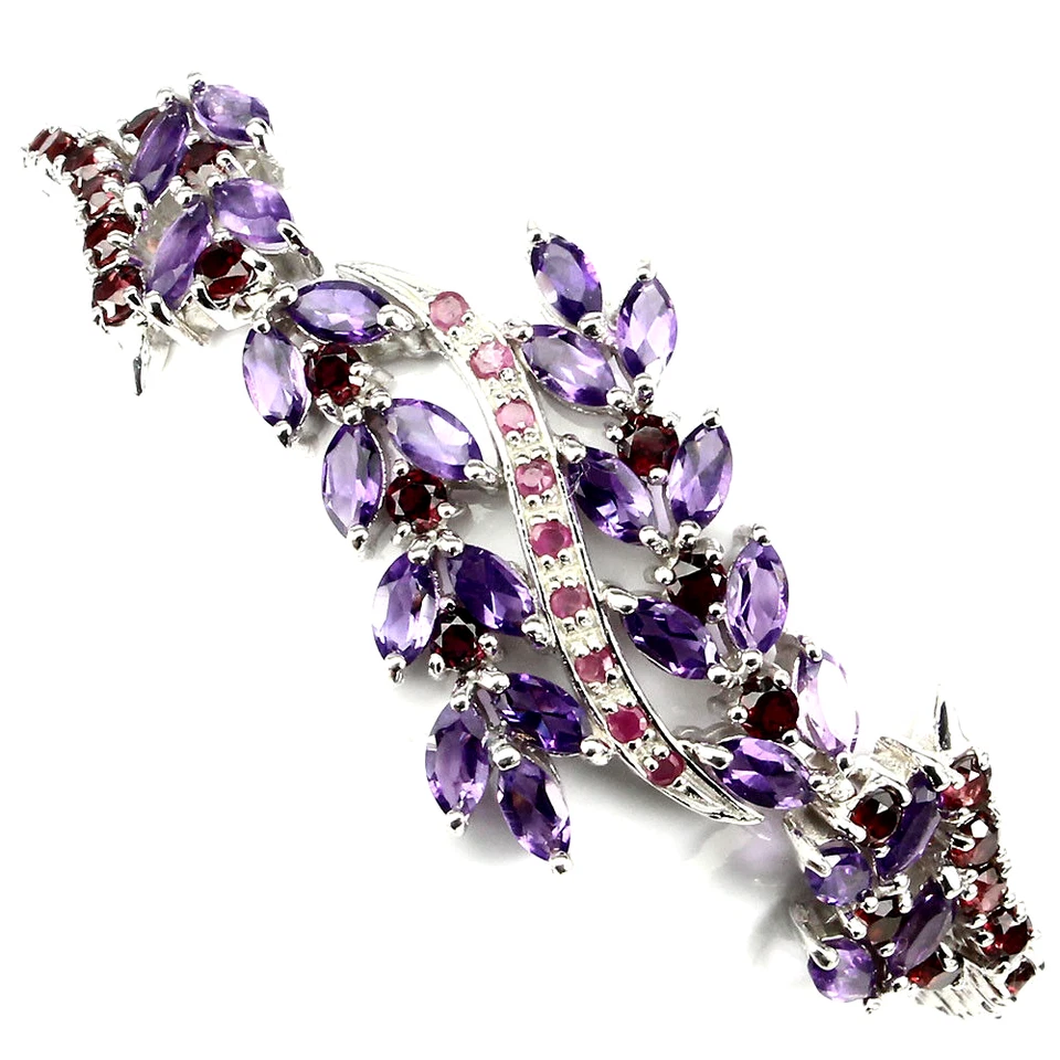 AMETHYST, RHODOLITE GARNET & RUBY BRACELET .925 STERLING SILVER 14K WGP SZ 7.5 - Image 2 of 3