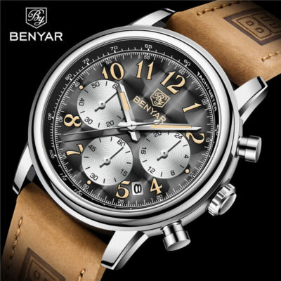 Benyar Leuchtzeiger Chronograph Quarz Uhr für Herren Lederband 50m reloj