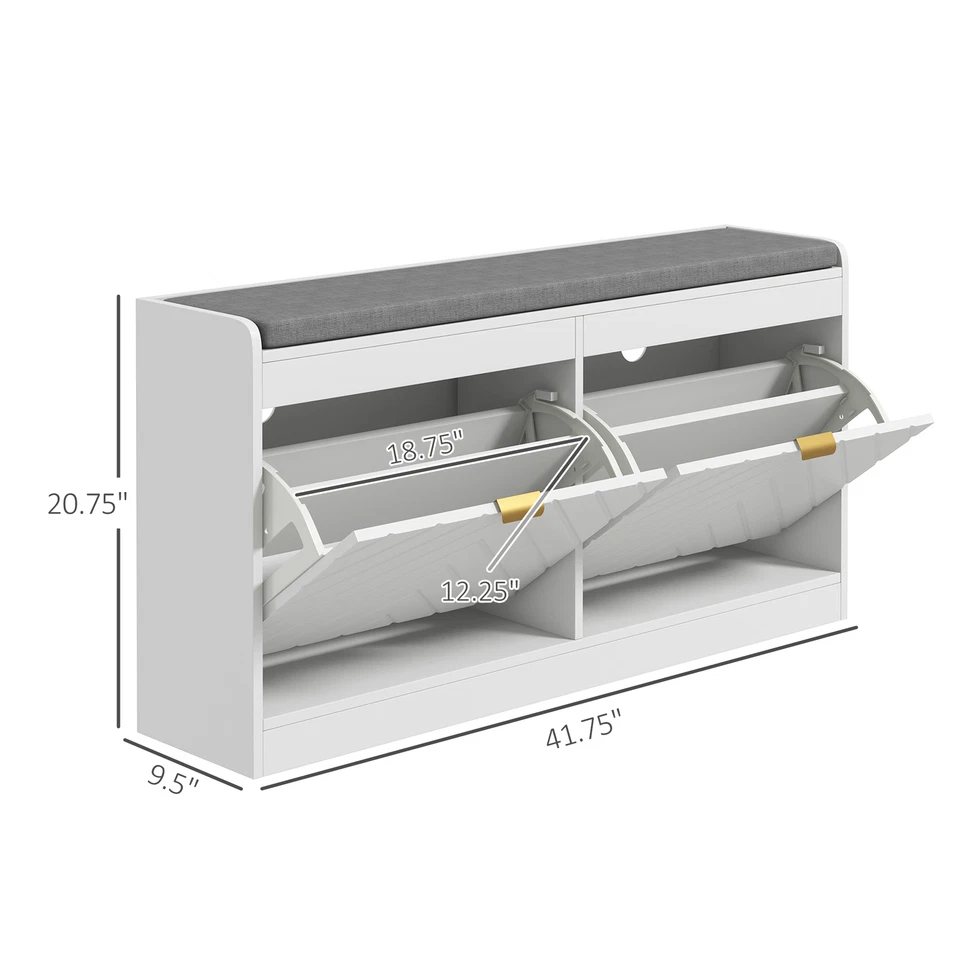 HOMCOM Banco de Zapatos con 2 Cajones Abatibles, Cojín, 8 Pares para Entrada Blanco Foto 2 de 4