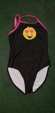 Emojination Girls Black Flip Sequin Smiley Face One Piece Swim Suit - Size S