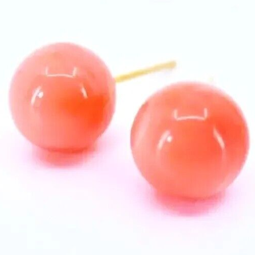14K Yellow Gold 7mm Pink Coral Beaded Ball Stud Earrings 1.3 Grams