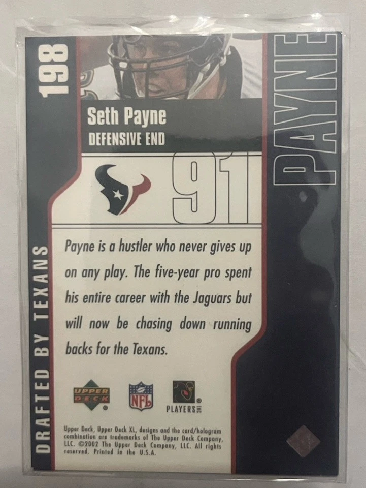 2002 Upper Deck XL Seth Payne #198 Rookie Houston Texans Jacksonville Jaguars - Image 2 of 2