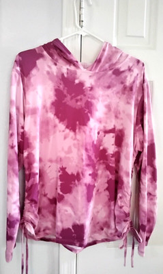 Paper+tee woman top tunic hoody long sleeves drawstring sides Pink/White 3X