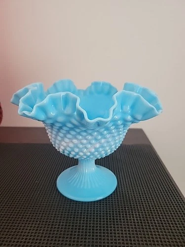 Vintage FENTON 7" Blue Marble Hobnail Glass Footed Bowl Compote ~ Beautiful 