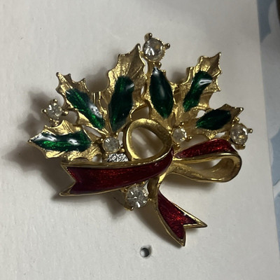 Gold Tone Enamel Holly Leaves Bow Brooch Pin w/ Clear Rhinestones Christmas