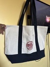 Trader Joe's Foldable Reusable Shopping Bag Beige Navy Blue Cotton Polyester