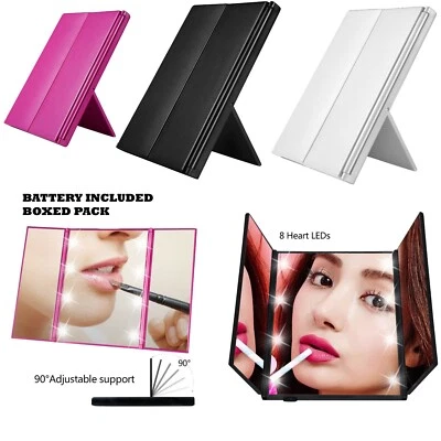 Tri Fold 8 LED Travel Mirror Cosmetic Makeup Foldable Compact Pocket with Stand