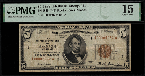 1929 $5 Federal Reserve Bank Note Minneapolis - Star Note - FR.1850-I* - PMG 15