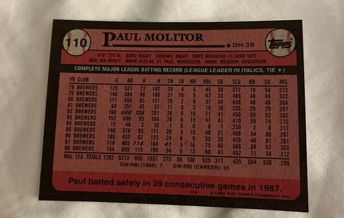 1989 Topps Paul Molitor HOF #110 Centered Mint Milwaukee Brewers - Picture 2 of 2