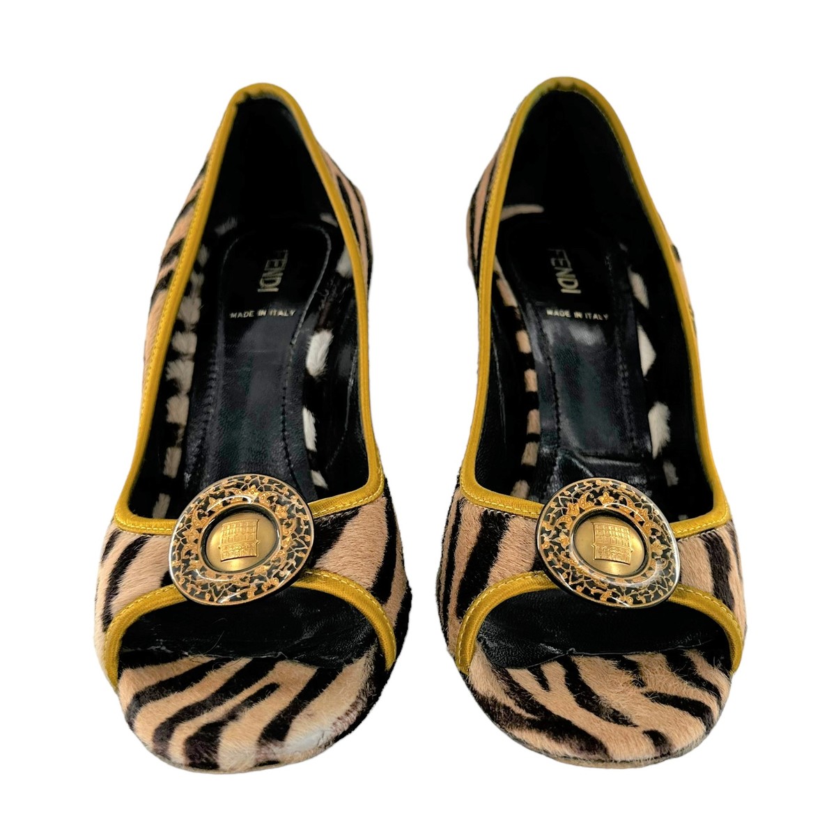 FENDIパンプス39 Vintage FENDI Brown Tiger Stripe Print Calf Hair Open Toe