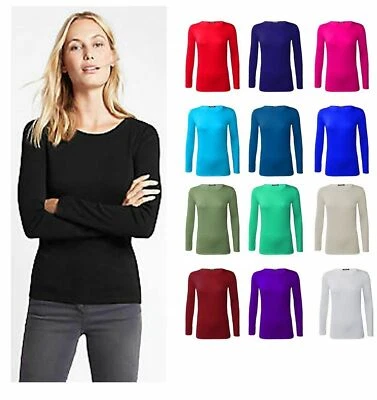 Womens Plain Tshirt Ladies Long Sleeve Scoop Neck T Shirt Top Plus Size 8-26 - Image 1 of 2