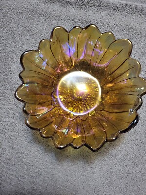 Bowl Carnival Glass Indiana Sunflower Marigold Lily Pons Amber 1970s Glassware