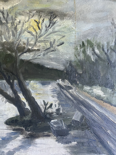 ::WINTER 1943 DÜSTERER BAUM WINTERSONNE STRASSE SIGNIERT UNLESERLICH ANTIK WALD - Picture 6 of 7