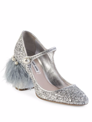 MIU MIU PEARL FEATHER GLITTER MARY JANE WEDDING PUMPS EU 38.5 39 I LOVE SHOES