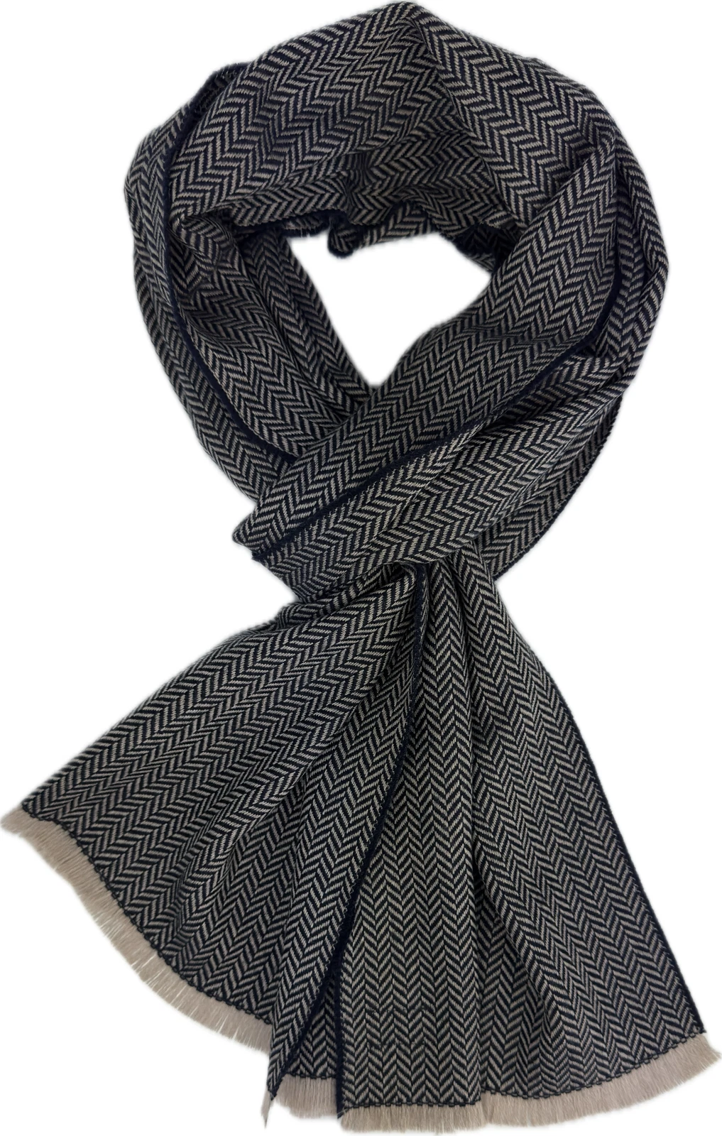 Men's Scarf Women's Scarf Wool Scarf Herringbone Fashion in Navy Beige 100% Wool
