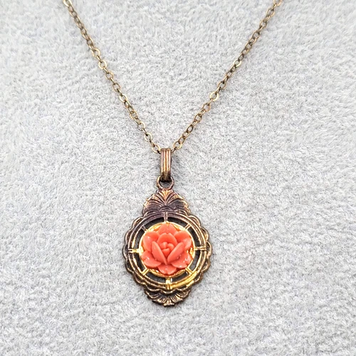 Vintage Coral Color Flower Necklace Estate Costume Jewelry 16 in