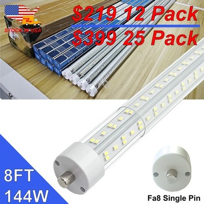 96 inch LED Bulb 8 Foot T12 Single Pin FA8 144 Watt V Shaped Clear Lens Daylight
