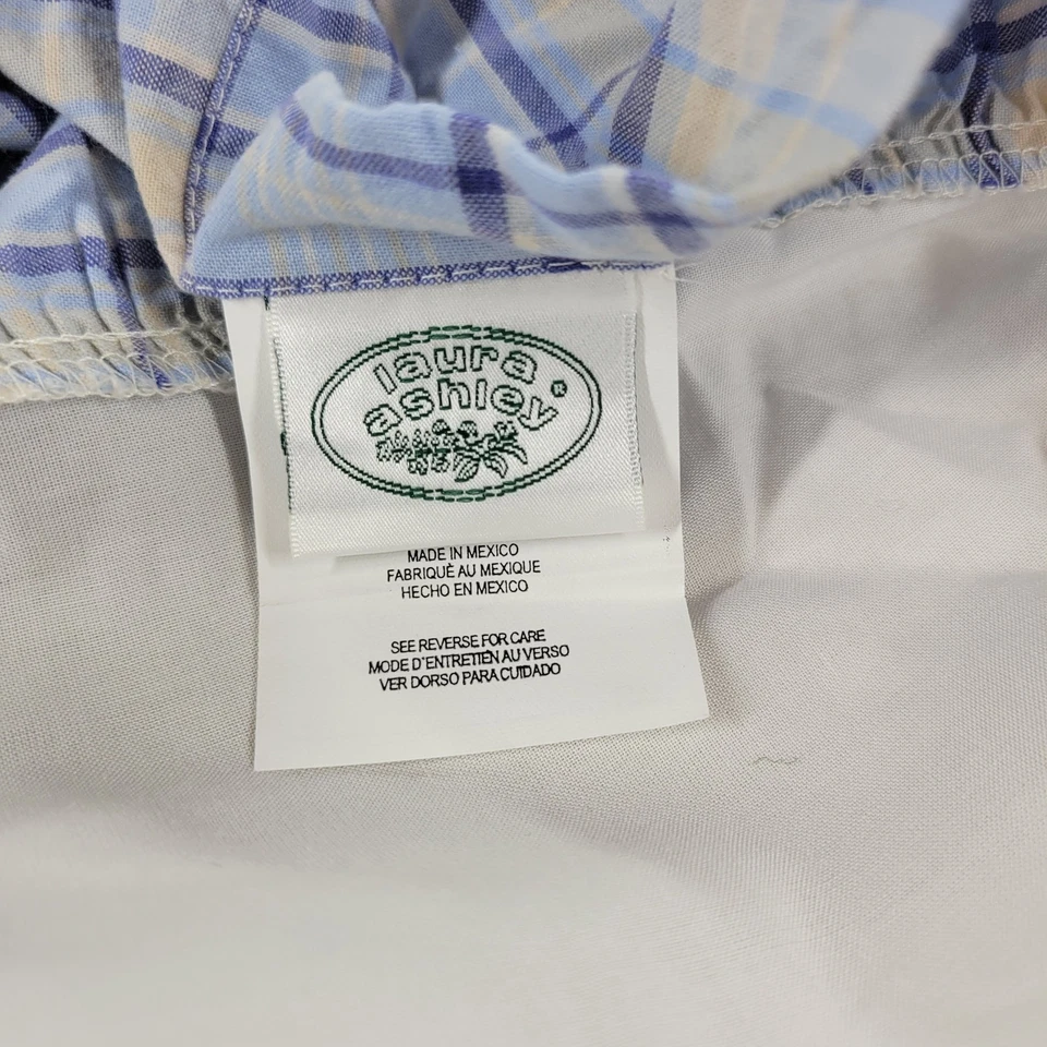 Vintage Laura Ashley Emilie Dust Ruffle Queen Blue Cream Plaid Cotton Bedskirt - Image 3 of 4