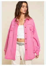 POL Bubblegum Pink Shacket SweaterButton Up Large Distressed Oversized