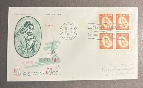 CANADA CHRISTMAS 1966 FDC SC#451-452 BLOCK OF 4 ROSECRAFT CACHET NPA