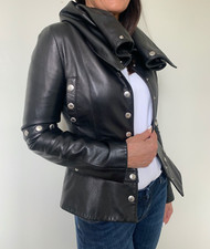 Dolce & Gabbana Jacket S/m Black Leather Oversized Collar & Silver Button Detail