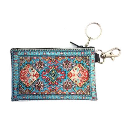 Tapestry Cloth Key Chain Coin Rosary Holder Case Pouch Turquoise w/ Red 4 3/4 In