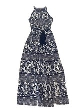 Vince Camuto Printed Chiffon Halter Maxi Pleated Dress Navy/Ivory Women's Sz 10