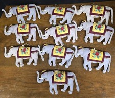 10 Elephant Holiday Ornaments Bells  Wool With Hand Sewn Embellishments 7" Long