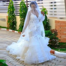 Elegant Ruffles Mermaid Wedding Dresses V Neck Applique Beaded Bridal Gowns