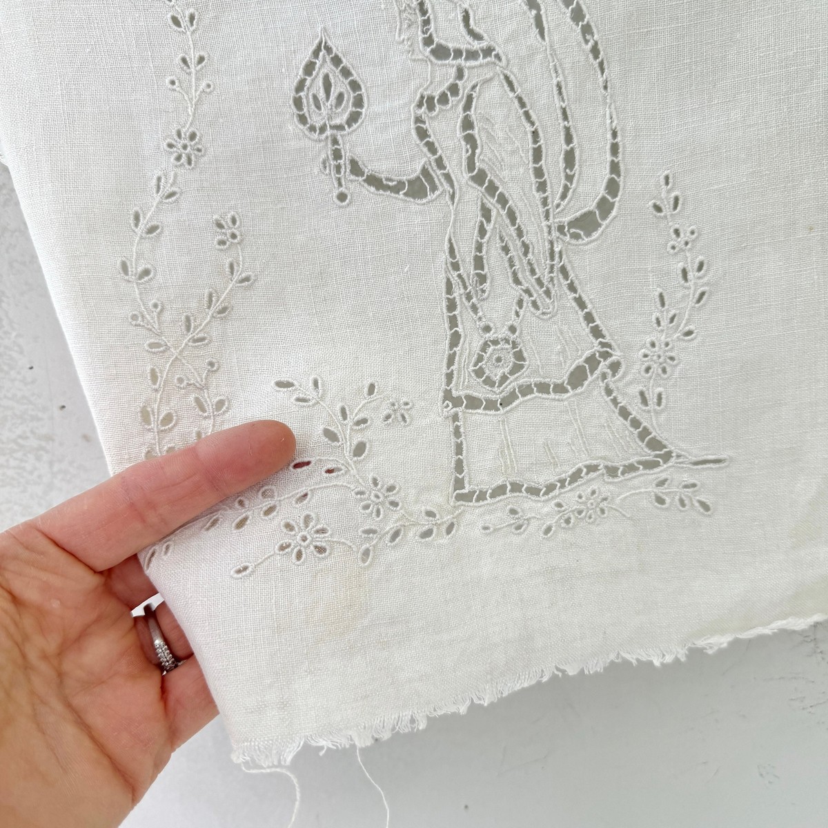 11x11 Drawnwork antique French handmade unique textile with linen