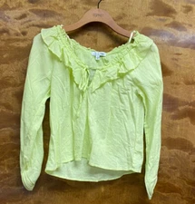 Women "Love White" lemon yellow ruffled long sleeve pullover top. size SM. P.O.