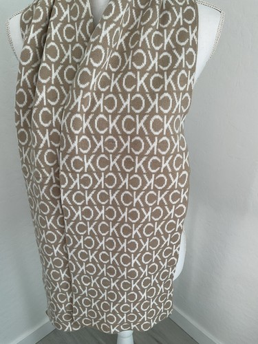 Calvin Klein CK Logo Knit Scarf Beige Tan Logo Reversible 11" x 72" - Picture 3 of 8