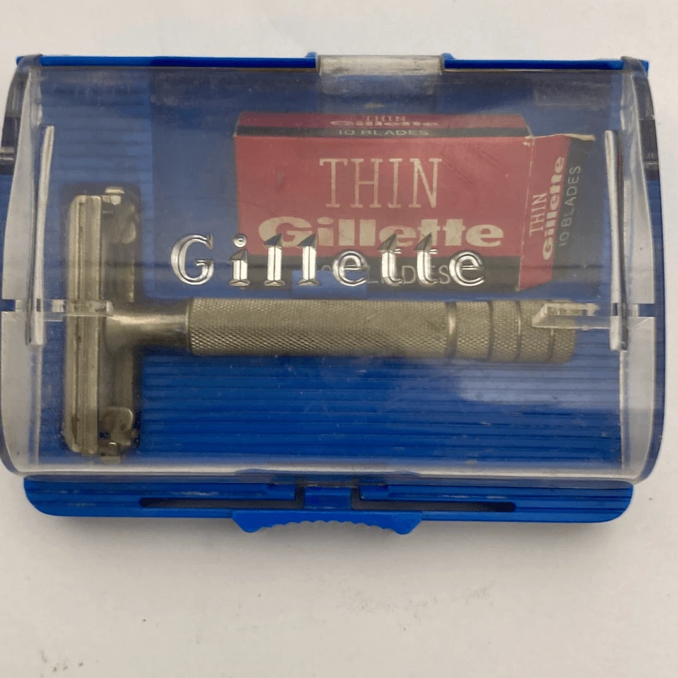 Navaja Gillette auténtica plateada para hombre con hojas delgadas y estuche Foto 2 de 4