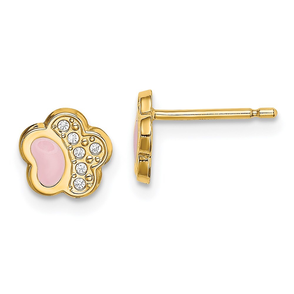 Madi K Kids  Earrings 14k Yellow Gold  White CZ Pink Enamel Paw Post