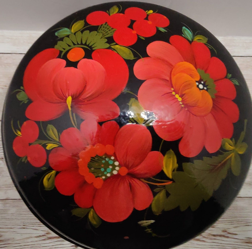 Vintage ~ Russian Lacquered Box ~ Round Hand-Painted Flowers/ Floral ~ Trinket - Picture 5 of 12