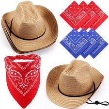 Straw Hats Cowboy Bandanas 6 Set Cowgirl Western Party Hats - Perfect