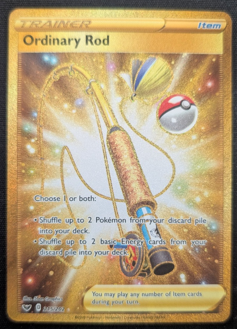 Ordinary Rod 2020 Pokemon Sword & Shield 215/202 Secret Rare Gold Trainer