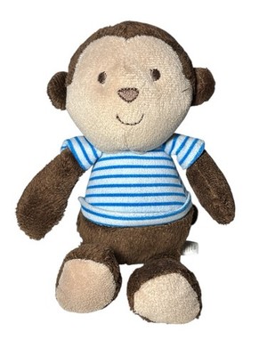 Carter s Child of Mine Brown Monkey In Blue Striped Shirt Plush Rattle Stuffed