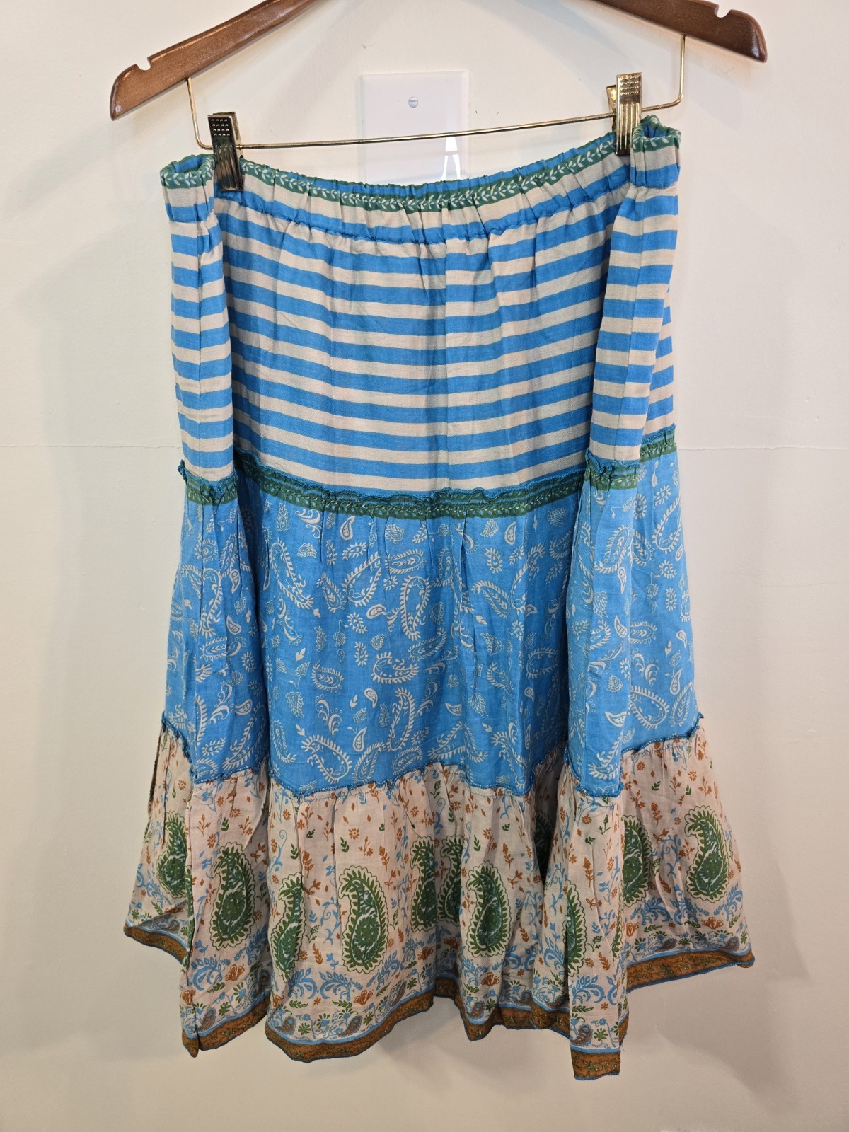 Overdrive Boho Tiered Skirt XL Turquoise Patchwork Paisley Striped Festival