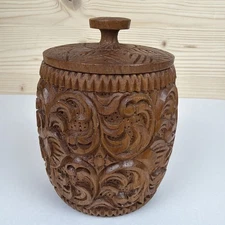 Vintage Ornate Carved Wooden 8 Coaster Set with Jar Holder and Lid 5.5" Tall