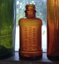 RARE FREE SAMPLE SANFORD'S AMBER INK BOTTLE ONLY 3 3/8"TALL GROUND LIP HANDBLOWN