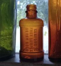 RARE FREE SAMPLE SANFORD'S AMBER INK BOTTLE ONLY 3 3/8"TALL GROUND LIP HANDBLOWN